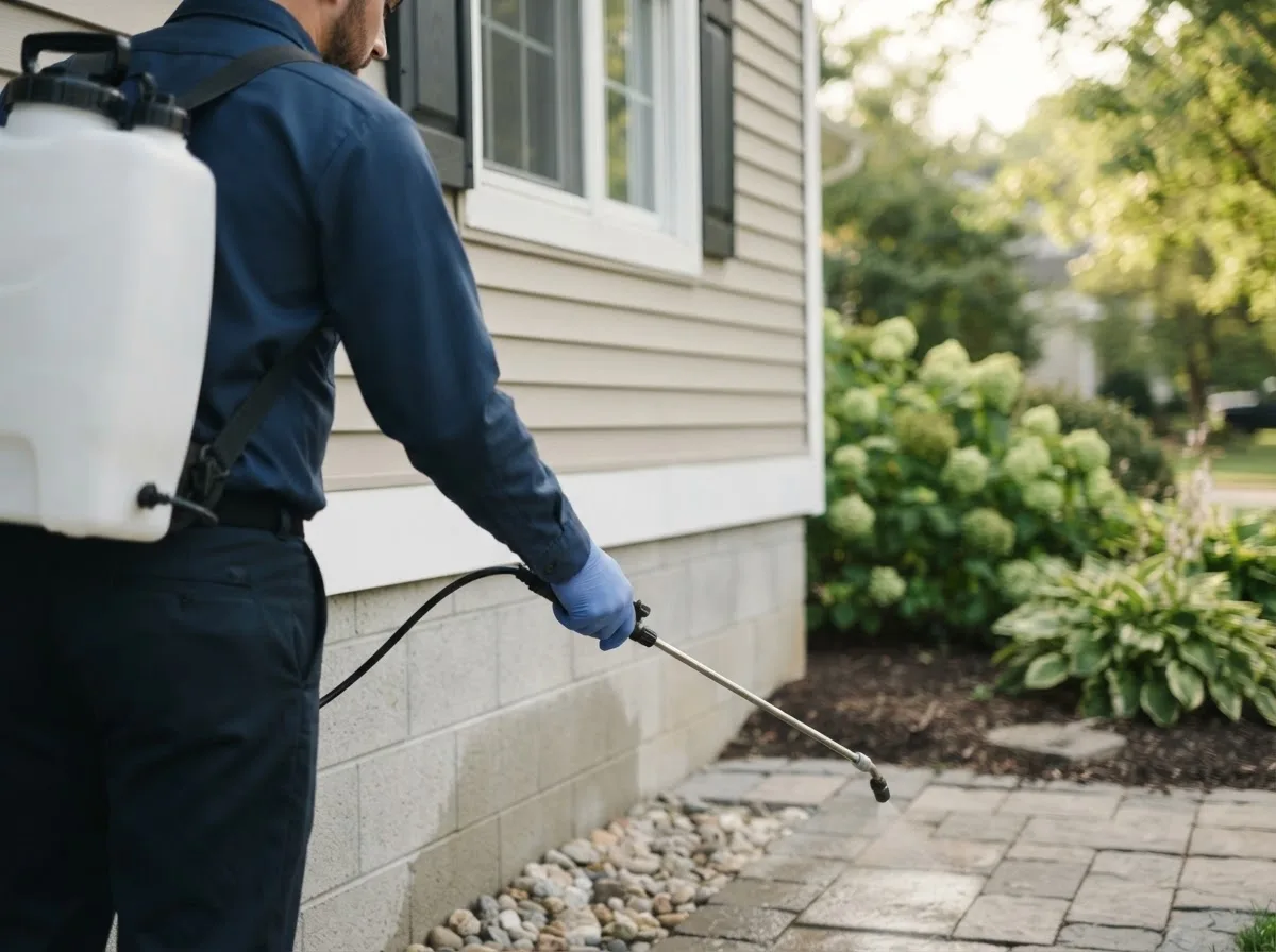Pest control technician inspecting a home in Bethany, WV
